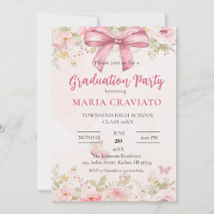  Pink Bow & Floral Graduation Party Invitation