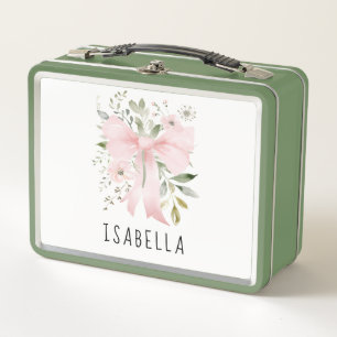 Pink Bow Floral Greenery Coquette Personalised Metal Lunch Box