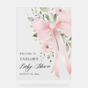 Pink Bow Floral Greenery Girl Baby Shower Welcome Acrylic Sign