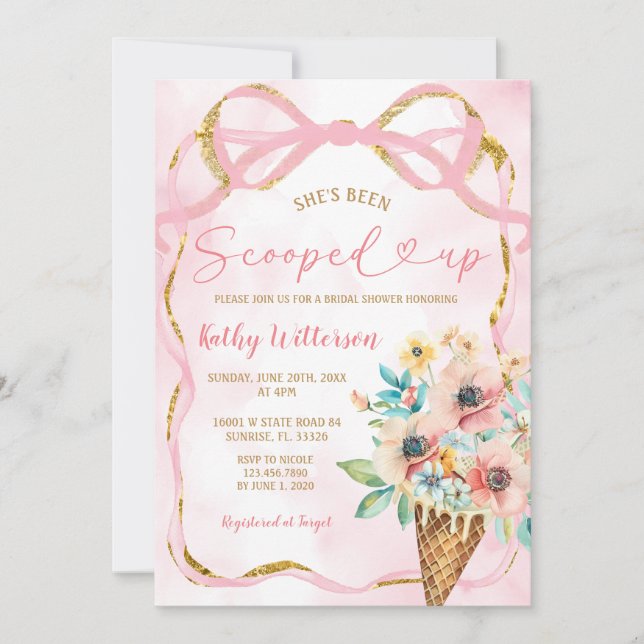 Pink Bow Floral Ice Cream Scooped Bridal Shower  Invitation (Front)