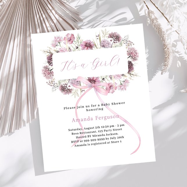 Pink bow floral it's a girl Baby Shower invitation (Creator Uploaded)