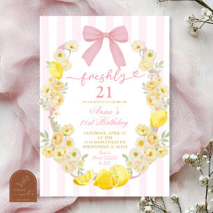 Pink Bow Floral Lemon Freshly 21 Birthday Invitation