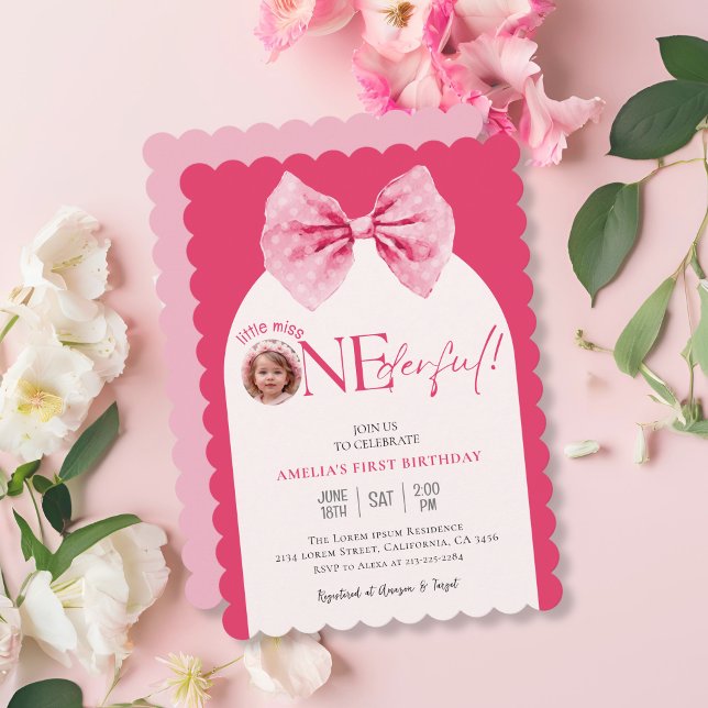 Pink Bow floral little miss Onederful 1st birthday Invitation (Creator Uploaded)