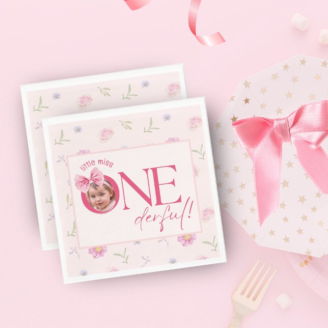 Pink Bow floral little miss Onederful birthday  Napkin (Creator Uploaded)