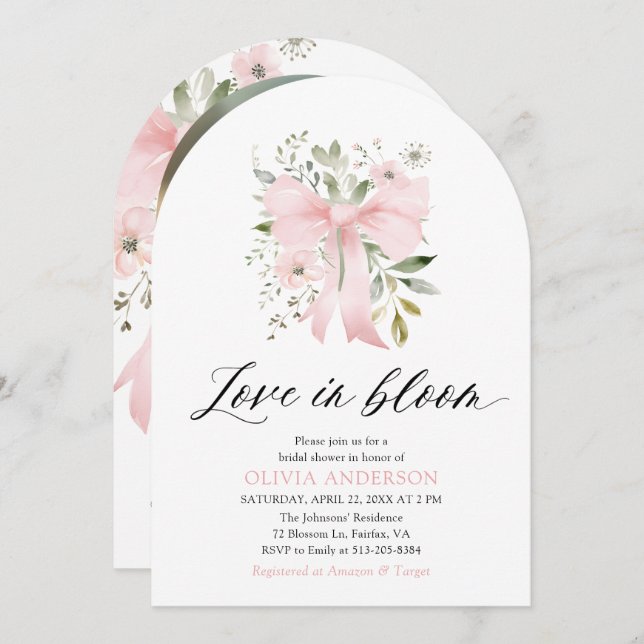 Pink Bow Floral Love in Bloom Arch Bridal Shower Invitation (Front/Back)