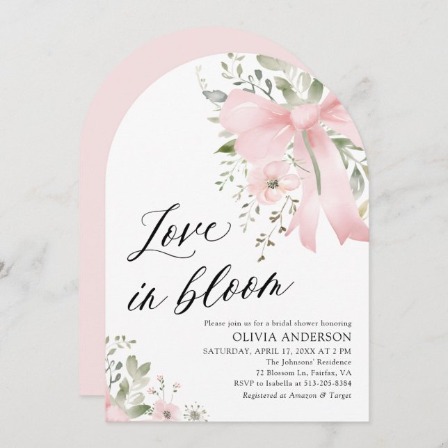 Pink Bow Floral Love in Bloom Arch Bridal Shower Invitation (Front/Back)