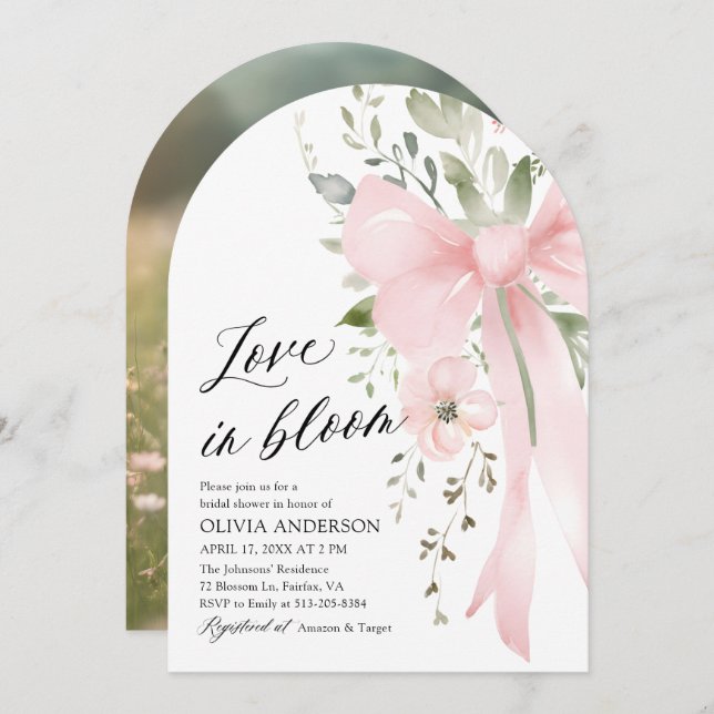 Pink Bow Floral Love in Bloom Arch Bridal Shower Invitation (Front/Back)