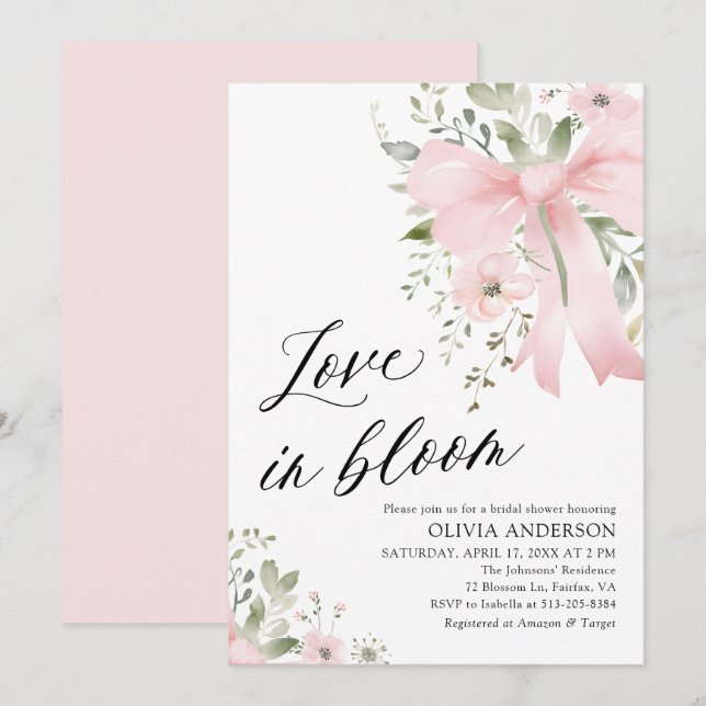 Pink Bow Floral Love in Bloom Bridal Shower Invitation (Front/Back)