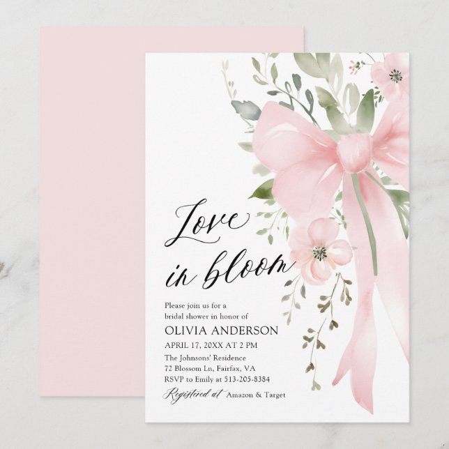 Pink Bow Floral Love in Bloom Bridal Shower Invitation (Front/Back)