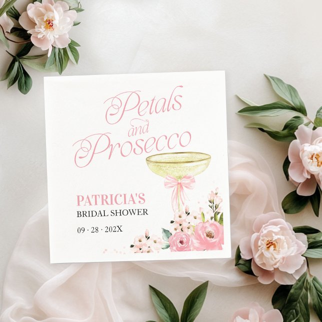 Pink Bow Floral Petals And Prosecco Bridal Shower Napkin (Creator Uploaded)
