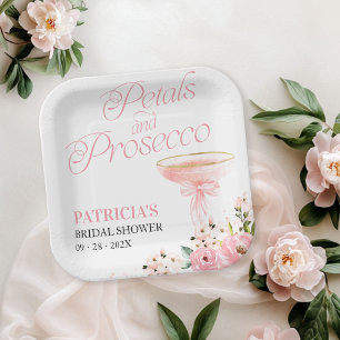 Pink Bow Floral Petals And Prosecco Bridal Shower Paper Plate