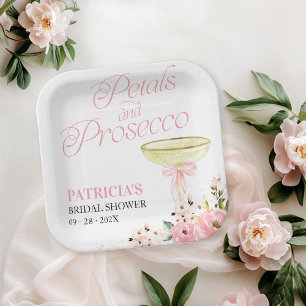Pink Bow Floral Petals And Prosecco Bridal Shower Paper Plate