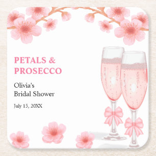 Pink Bow Floral Petals and Prosecco Bridal Shower  Square Paper Coaster