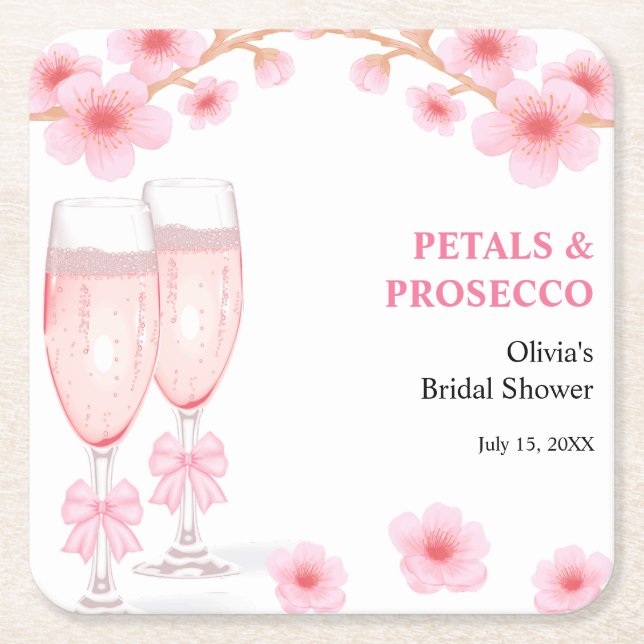 Pink Bow Floral Petals and Prosecco Bridal Shower  Square Paper Coaster (Front)