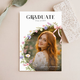 Pink Bow Floral Photo Graduation Announcement Postcard