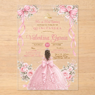Pink Bow Floral Quinceañera Sweet 16th Birthday Acrylic Invitations