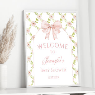 Pink Bow Floral Roses Baby Girl Shower Welcome Poster