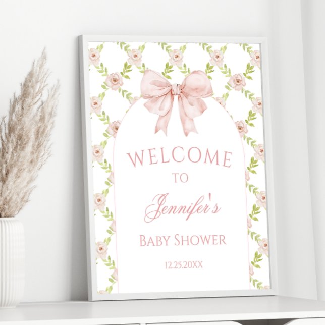 Pink Bow Floral Roses Baby Girl Shower Welcome Poster (Creator Uploaded)