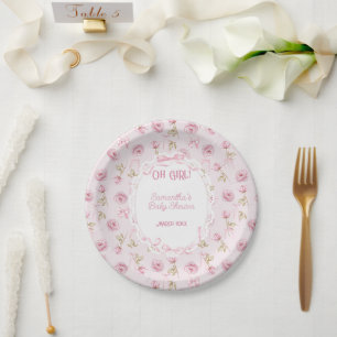 Pink Bow Floral Roses Vintage Baby Shower Paper Plate