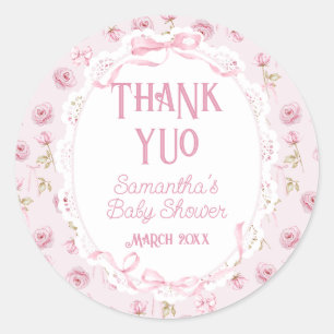 Pink Bow Floral Roses Vintage Baby Shower Thanks Classic Round Sticker