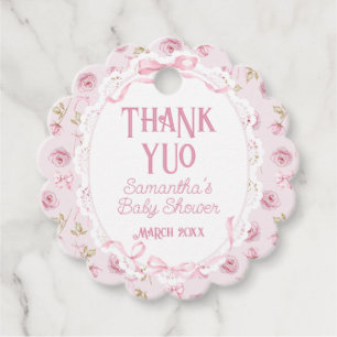 Pink Bow Floral Roses Vintage Baby Shower Thanks Favour Tags