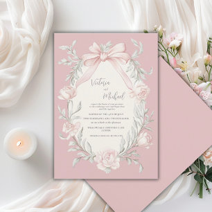 Pink Bow Floral Sage Green Vintage Wedding Invitation