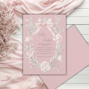 Pink Bow Floral Sage Green Vintage Wedding Invitation