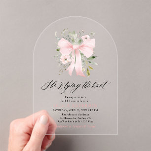 Pink Bow Floral She's Tying the Knot Bridal Shower Acrylic Invitations