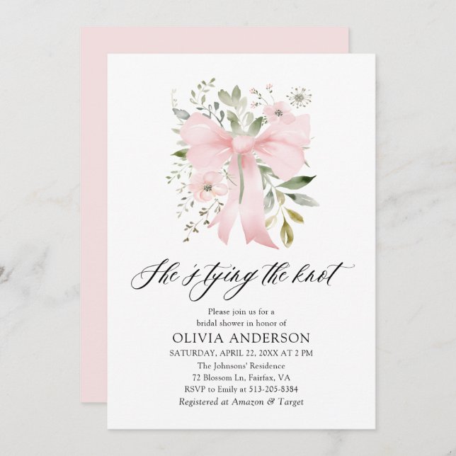 Pink Bow Floral She's Tying the Knot Bridal Shower Invitation (Front/Back)