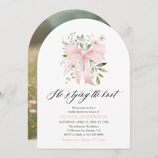 Pink Bow Floral She's Tying the Knot Bridal Shower Invitation (Front/Back)