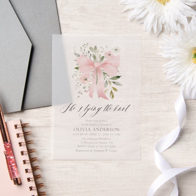 Pink Bow Floral She's Tying the Knot Bridal Shower Vellum Invitations (Wedding)