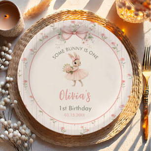 Pink Bow & Floral Some Bunny is One 1st Birthday Paper Plate