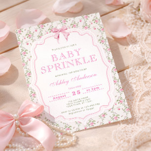 Pink Bow Floral Sprinkle Baby Shower Invitation