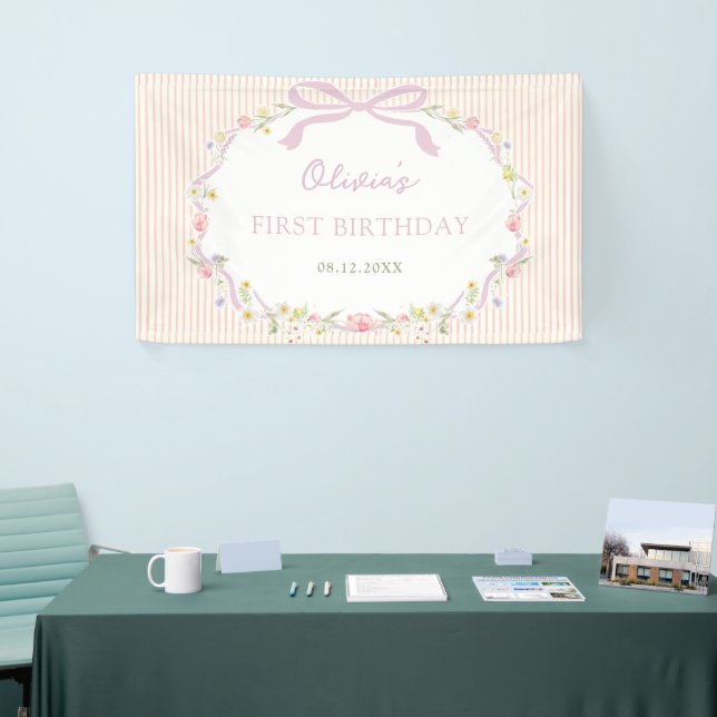 Pink Bow Floral Stripes Birthday Banner (Tradeshow)