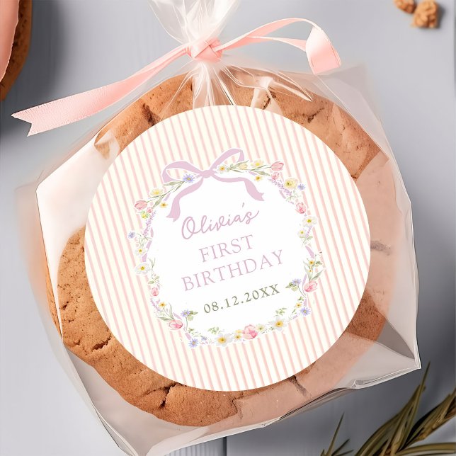 Pink Bow Floral Stripes Birthday Sticker (Creator Uploaded)