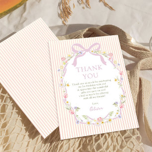 Pink Bow Floral Stripes Birthday Thank You Card