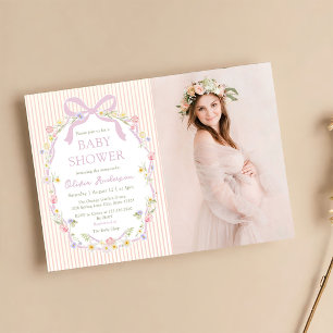 Pink Bow Floral Stripes Photo Baby Shower Invitation