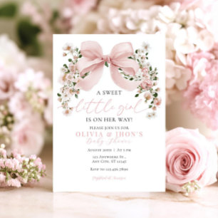 Pink Bow Floral Sweet Little Girl Baby Shower Invitation