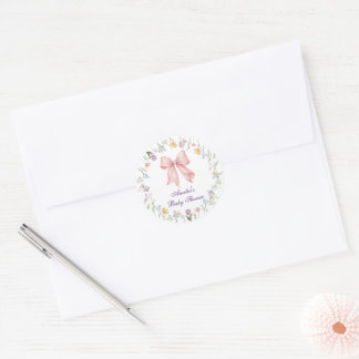 Pink Bow Floral Watercolor Baby Shower Classic Round Sticker