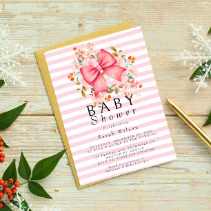 Pink Bow Floral watercolor baby shower invitation