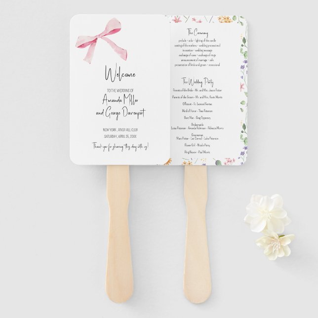 Pink Bow floral wedding program fan (Front and Back)