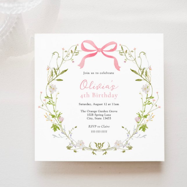 Pink Bow Floral Wreath Girl Birthday Invitation (Creator Uploaded)