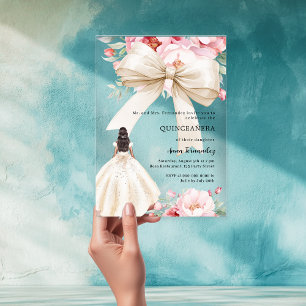 Pink  bow florals cream dress clear Quinceanera Acrylic Invitations