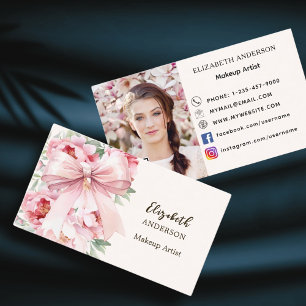 Pink bow florals flower qr code social media photo business card