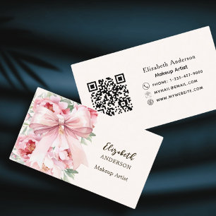 Pink bow florals flowers beige cream qr code business card