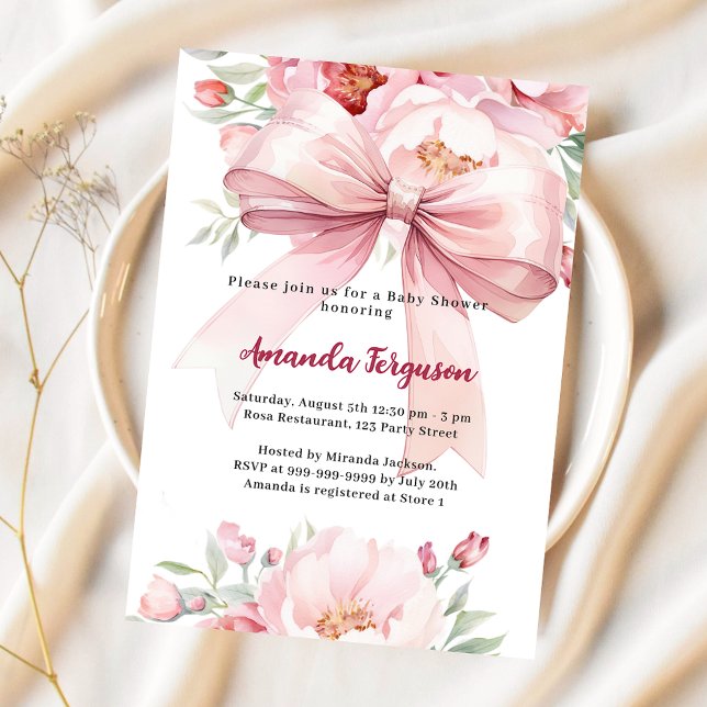 Pink bow florals girl Baby Shower Invitation (Creator Uploaded)