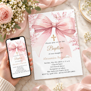 Pink bow florals girl Baptism Invitation