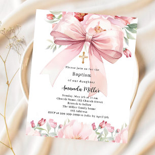 Pink bow florals girl Baptism invitation