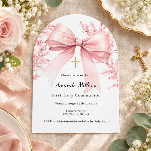 Pink bow florals girl First Communion Arch Invitation