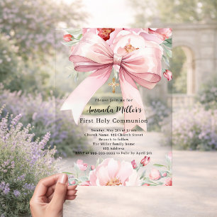 Pink bow florals girl First Communion clear Acrylic Invitations